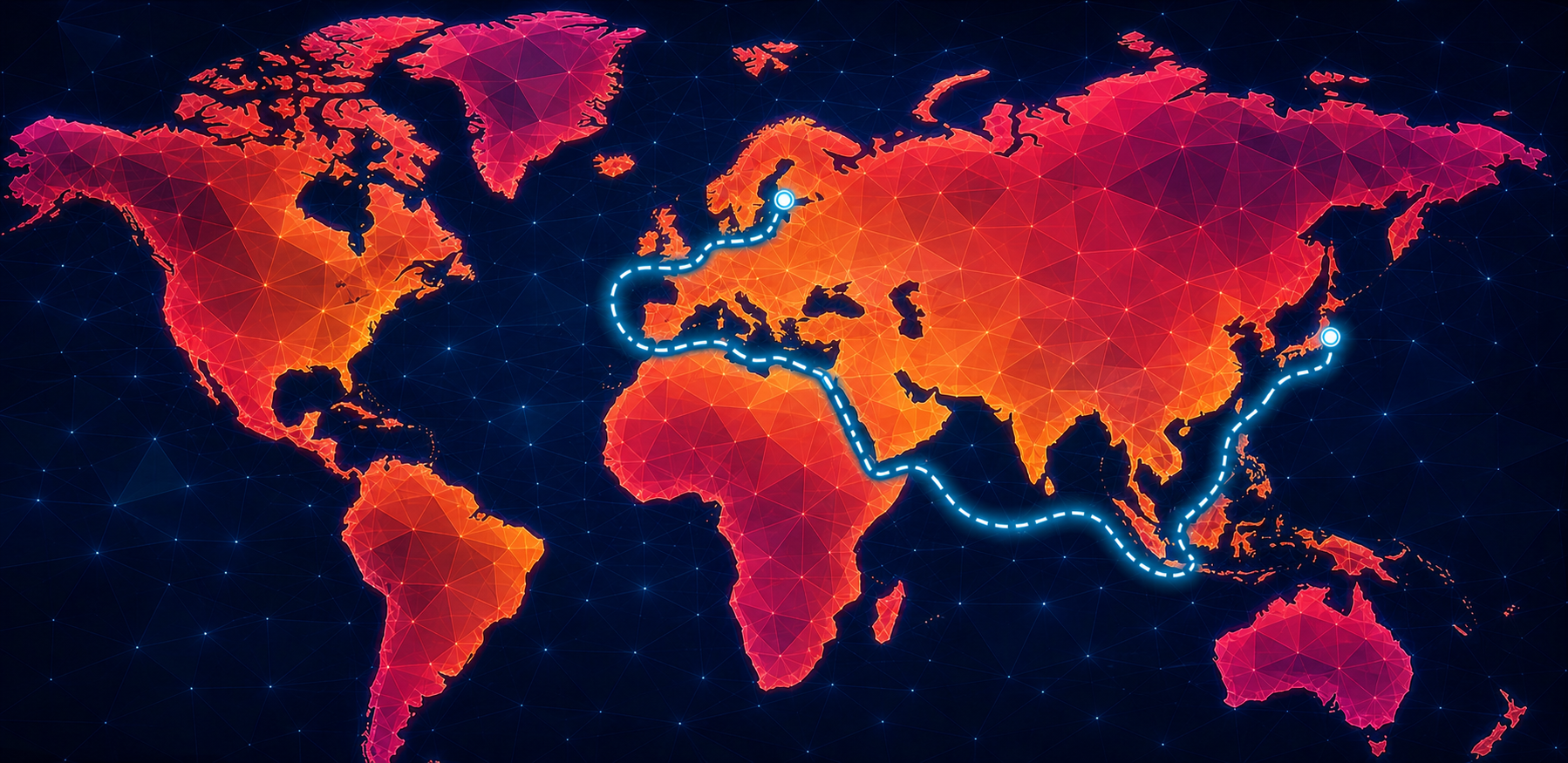 Low-poly world map showing the maritime VSAT corridor from the Baltic Sea to Japan